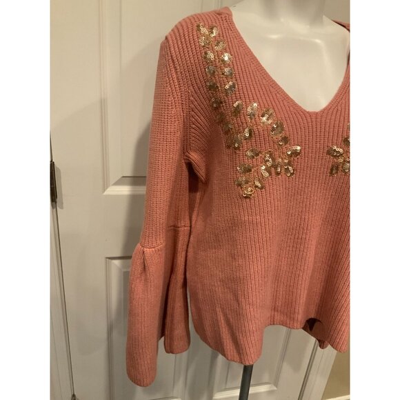 Miss Me Pink Knit Sweater  W/ Gold Sequins & Flounce Sleeves, Size L - Picture 3 of 10